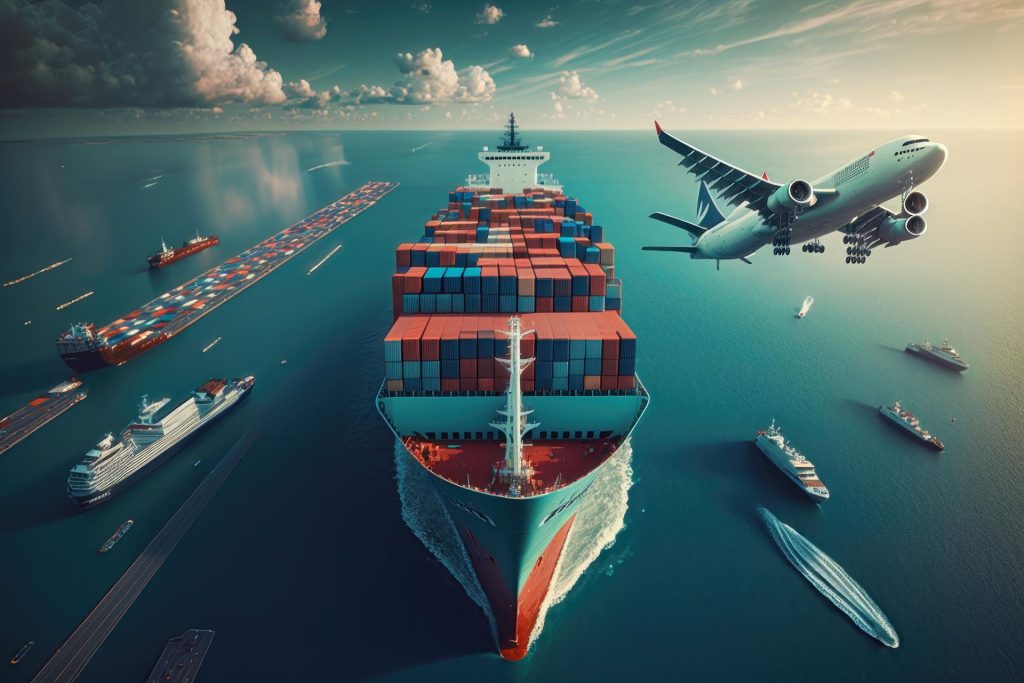 Aerial view of a cargo plane flying over a container port