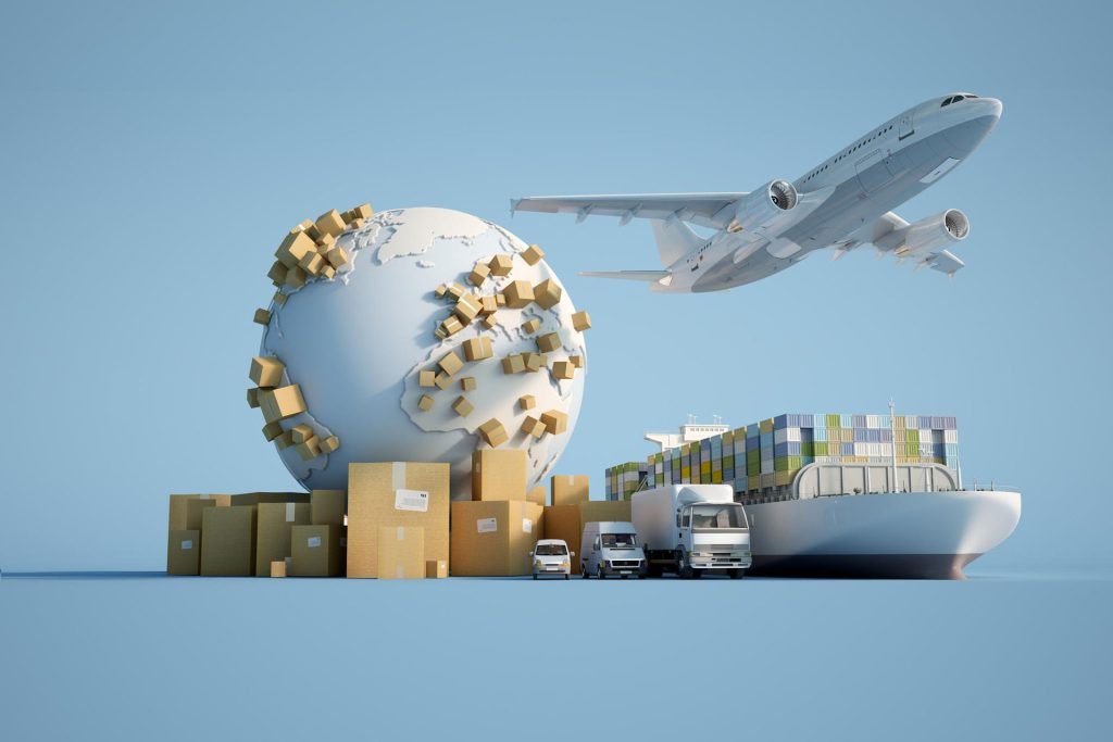 Earth surrounded by cardboard boxes, container ship, plane and delivery van