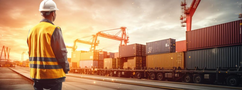 Foreman supervising container loading at a freight port