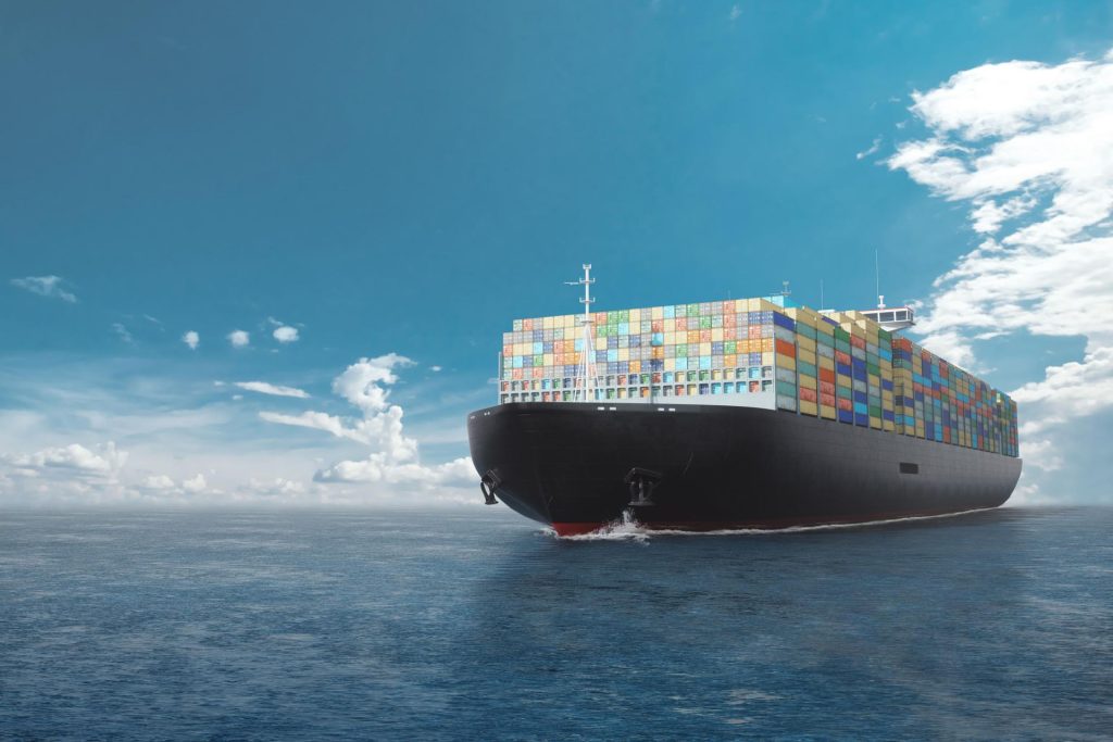 Containers transported by sea on a large international cargo ship