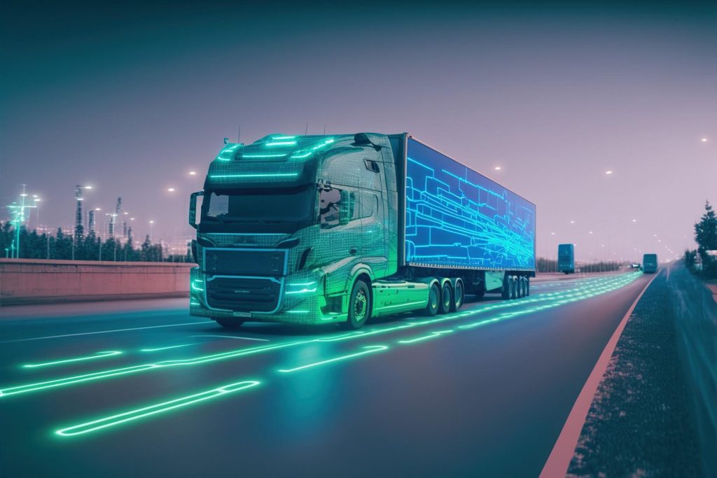 Self-driving freight truck delivering goods along a city highway