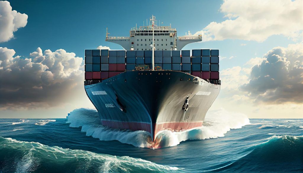 Large container ship delivering cargo at sea