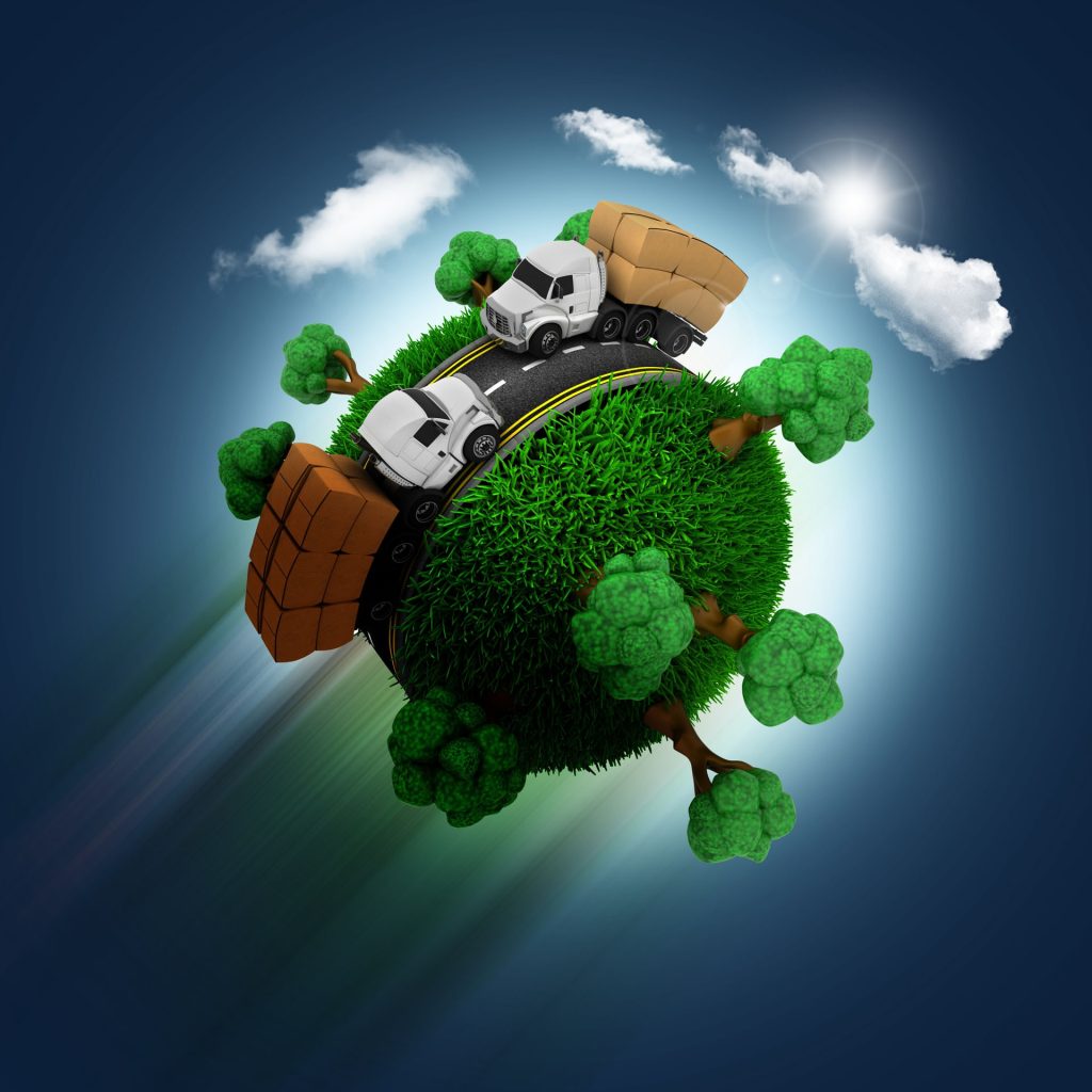 Globe with trees and delivery trucks representing sustainable logistics