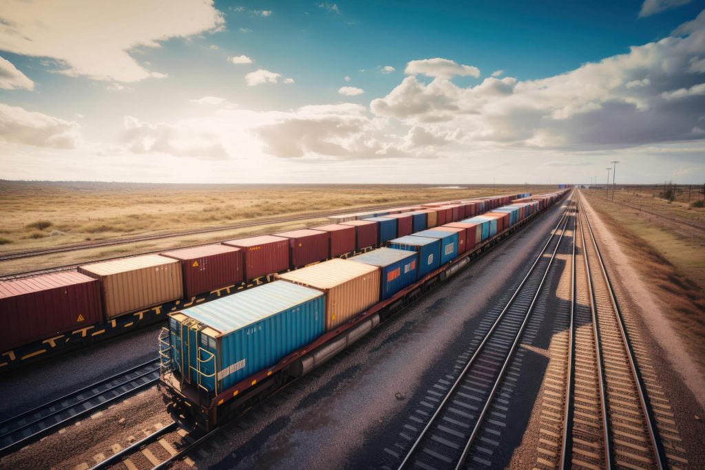 Blue shipping container on a railway wagon