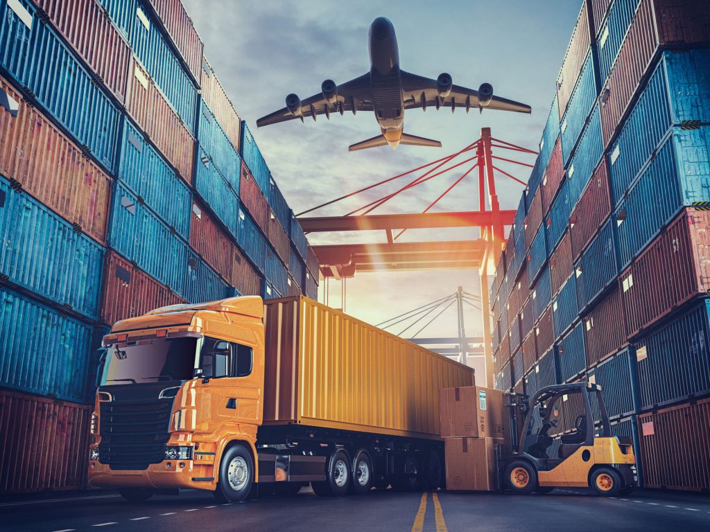 Container ship and cargo plane representing multimodal freight transport